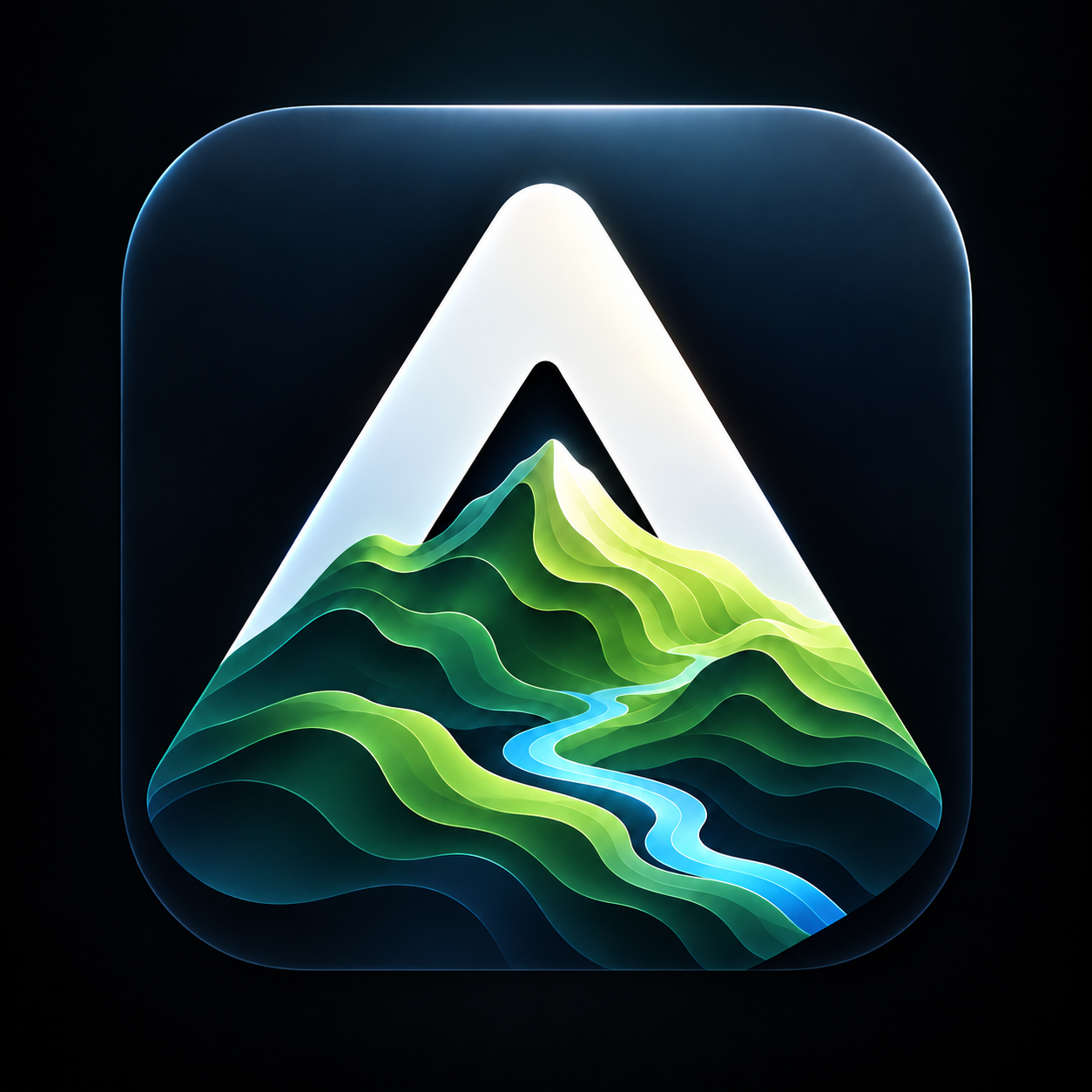Atlas 3D: зелёные горы, бирюзовая река и белая буква А